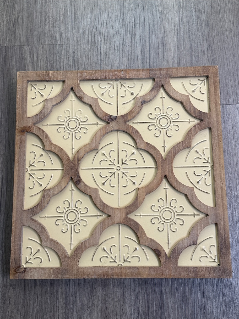 Wood Frame Cream Decorative Wall Panel - Brass Metal Decor 16” x 16”